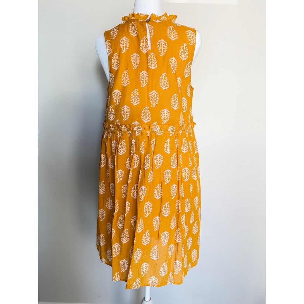 Lucky Mustard Yellow Ruffle Neck Sleeveless Block Print Mini Dress‎ Leaf Size S - Picture 3 of 13